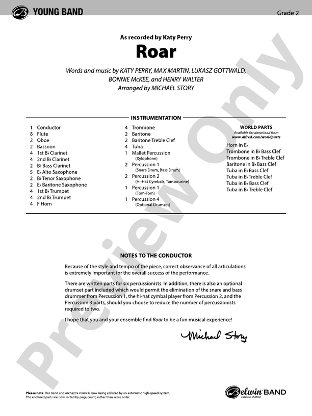 Roar - Concert Band Conductor Score & Parts (Digital Download)