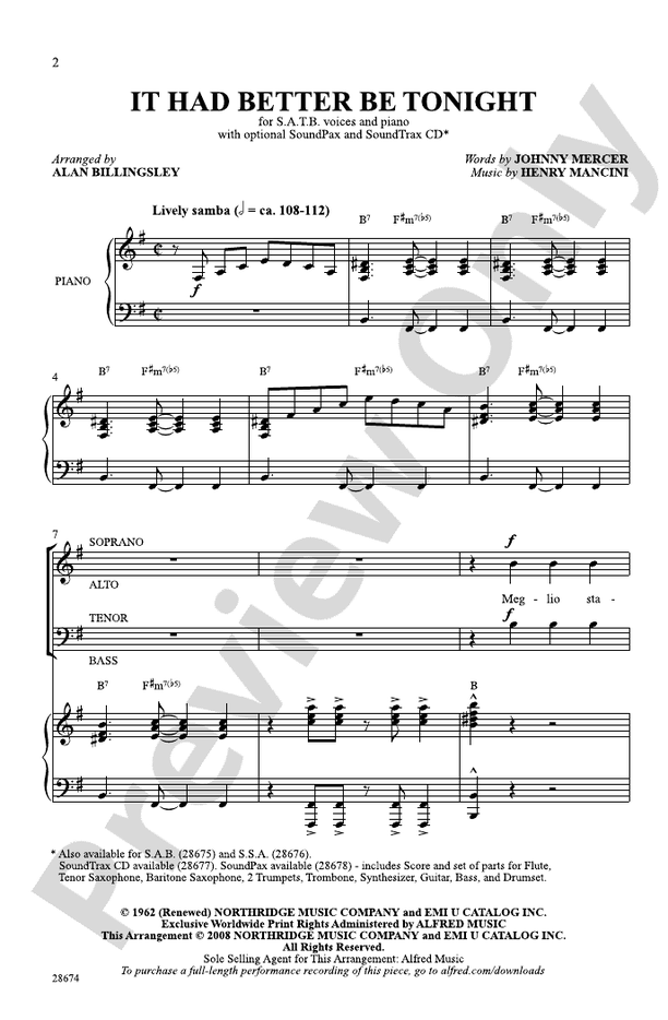 It Had Better Be Tonight (recorded by Michael Buble) – SATB Choral Octavo (Digital Download)