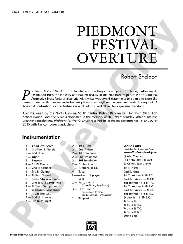 Piedmont Festival Overture - Concert Band Conductor Score & Parts (Digital Download)