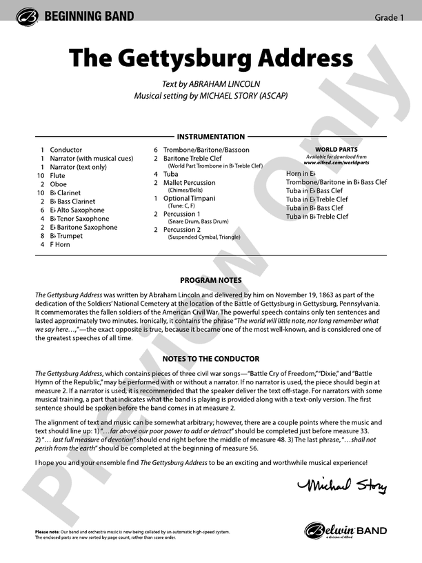 The Gettysburg Address - Concert Band Conductor Score & Parts (Digital Download)