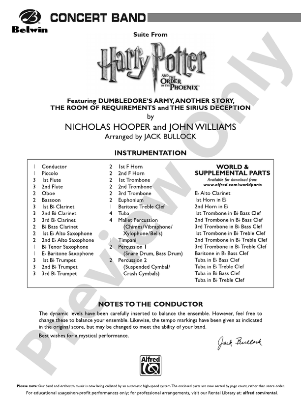 Harry Potter and the Order of the Phoenix, Suite from - Concert Band Conductor Score & Parts (Digital Download)