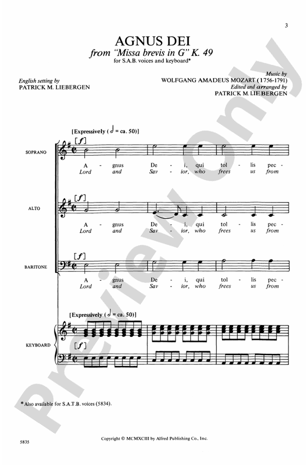 Agnus Dei (from Missa Brevis in G) - SAB Choral Octavo (Digital Download)