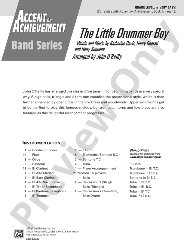 The Little Drummer Boy (Grade 0.5) - Concert Band Conductor Score & Parts (Digital Download)