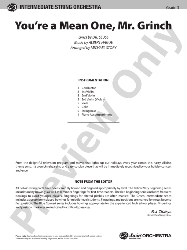 You're a Mean One, Mr. Grinch (Grade 3) - String Orchestra Conductor Score & Parts (Digital Download)