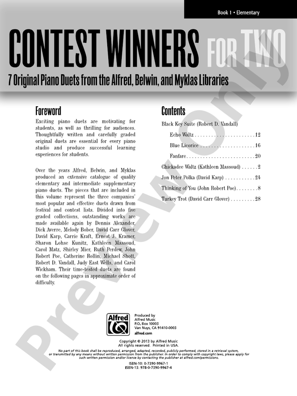 Contest Winners for Two, Book 1: 7 Original Piano Duets from the Alfred, Belwin, and Myklas Libraries - 1 Piano, 4 Hands (Digital Download)