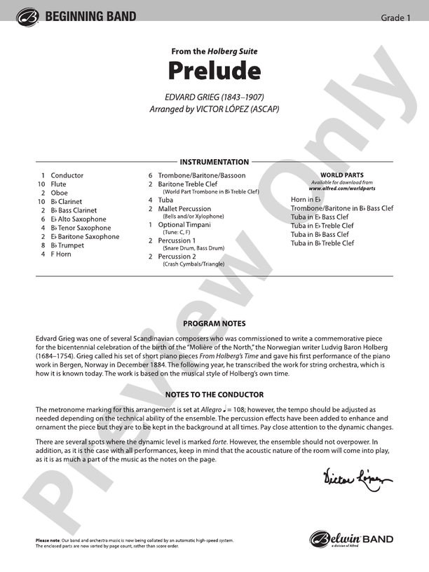 Prelude (from the Holberg Suite) - Concert Band Conductor Score & Parts (Digital Download)
