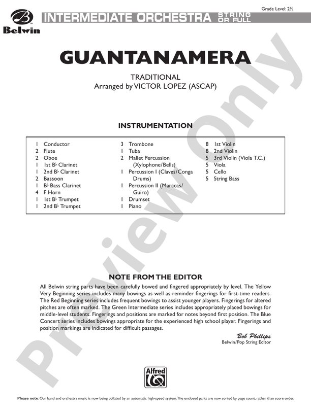 Guantanamera – Full Orchestra Conductor Score & Parts (Digital Download)