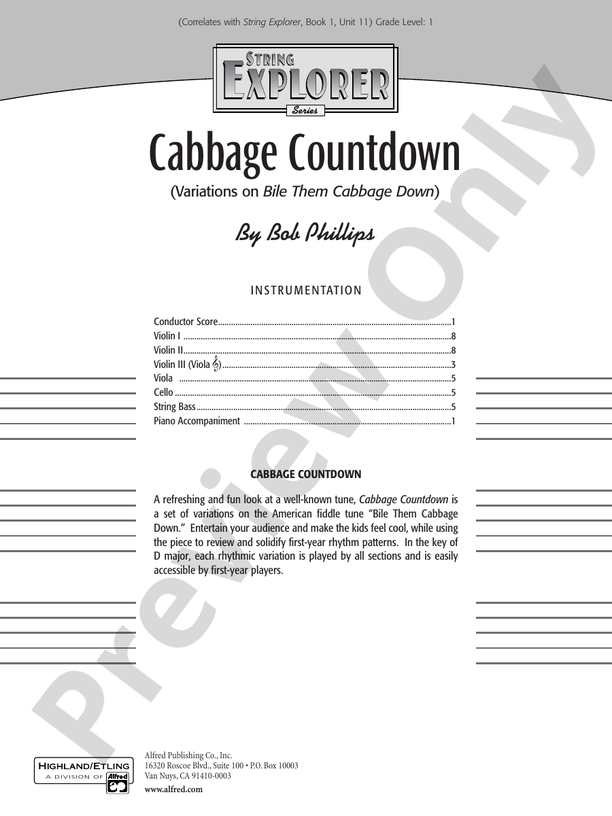 Cabbage Countdown – String Orchestra Conductor Score & Parts (Digital Download)