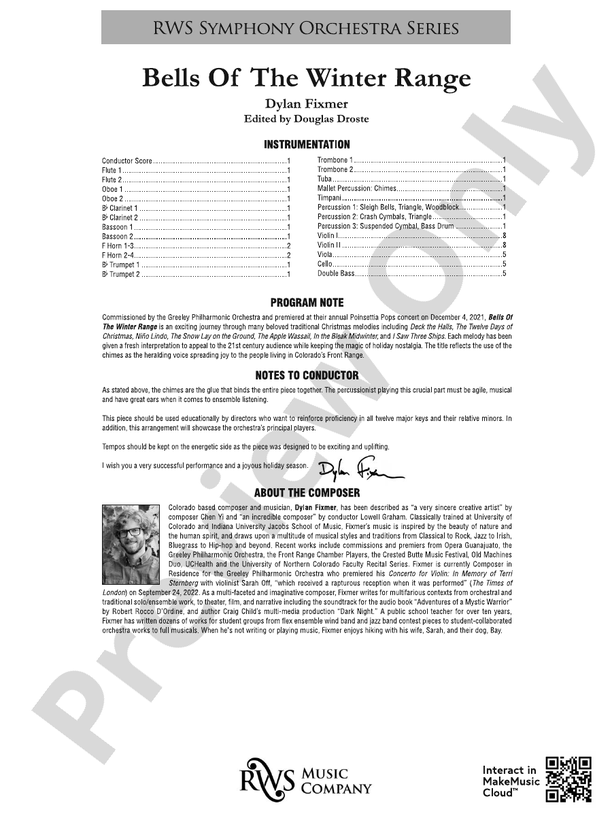 Bells of the Winter Range - Full Orchestra Conductor Score & Parts (Digital Download)