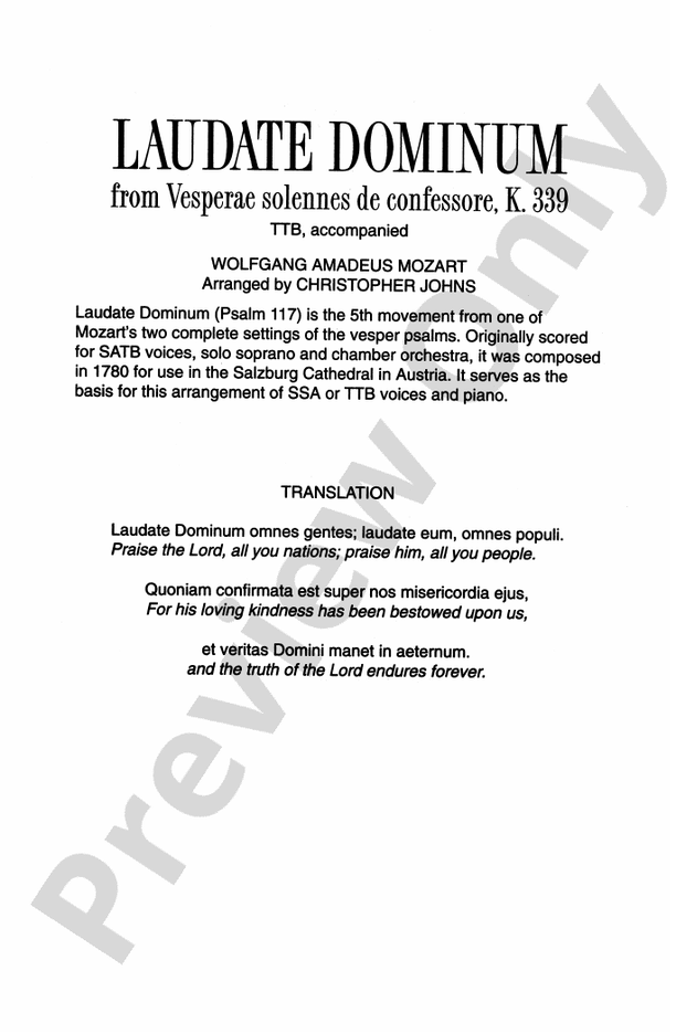 Laudate Dominum (from Vesperae Solennes De Confessore, K. 339) – TTB Choral Octavo (Digital Download)