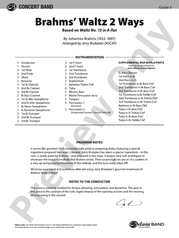 Brahms' Waltz 2 Ways - Concert Band Conductor Score & Parts (Digital Download)