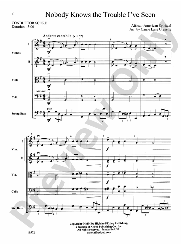 Nobody Knows the Trouble I've Seen – String Orchestra Conductor Score & Parts (Digital Download)