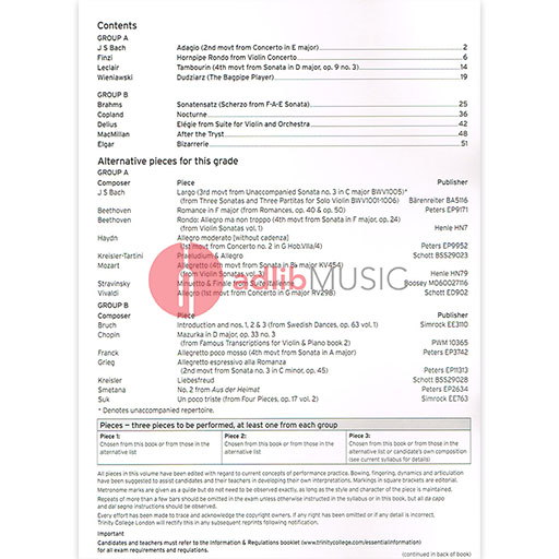 Trinity Violin Exam Grade 8 2016-2019 - Violin/Piano Accompaniment TCL014702