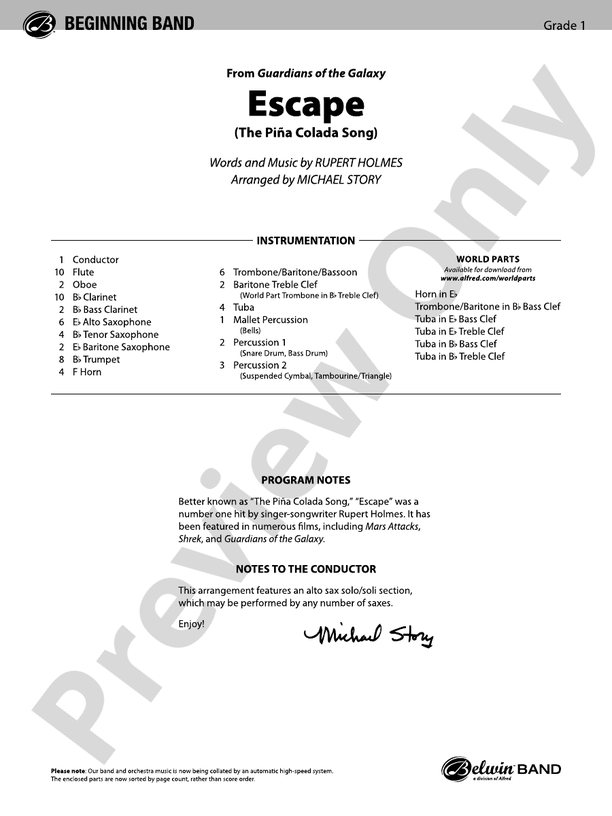 Escape (from Guardians of the Galaxy) - Concert Band Conductor Score & Parts (Digital Download)