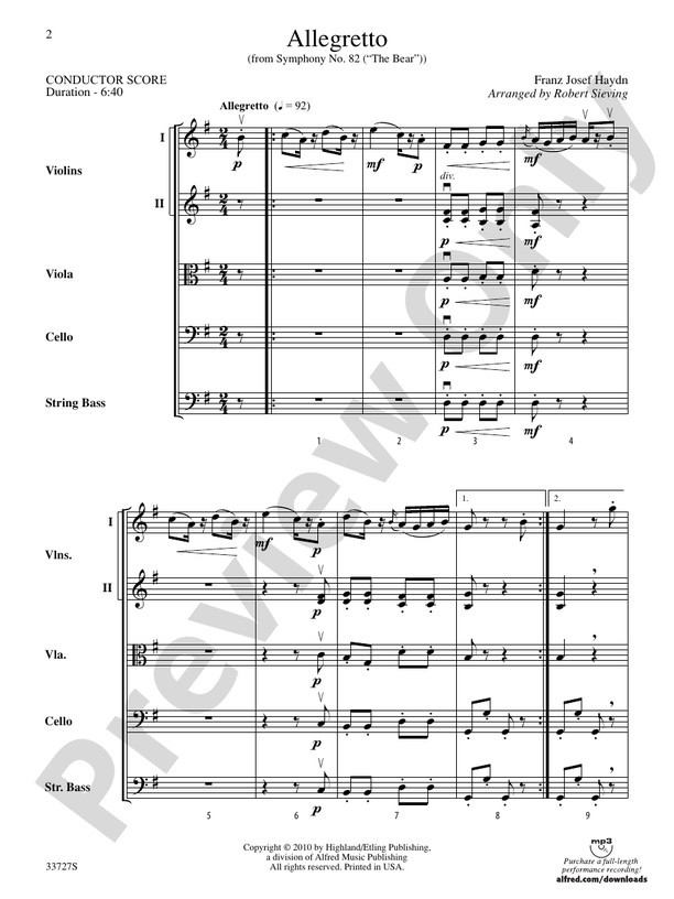 Allegretto (from Symphony No. 82 "The Bear") – String Orchestra Conductor Score & Parts (Digital Download)