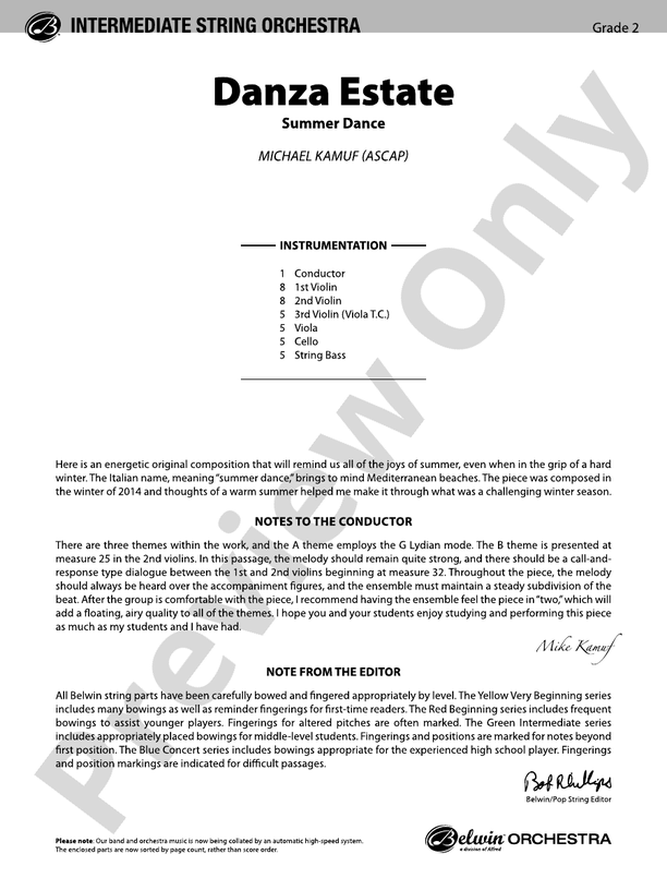 Danza Estate – String Orchestra Conductor Score & Parts (Digital Download)