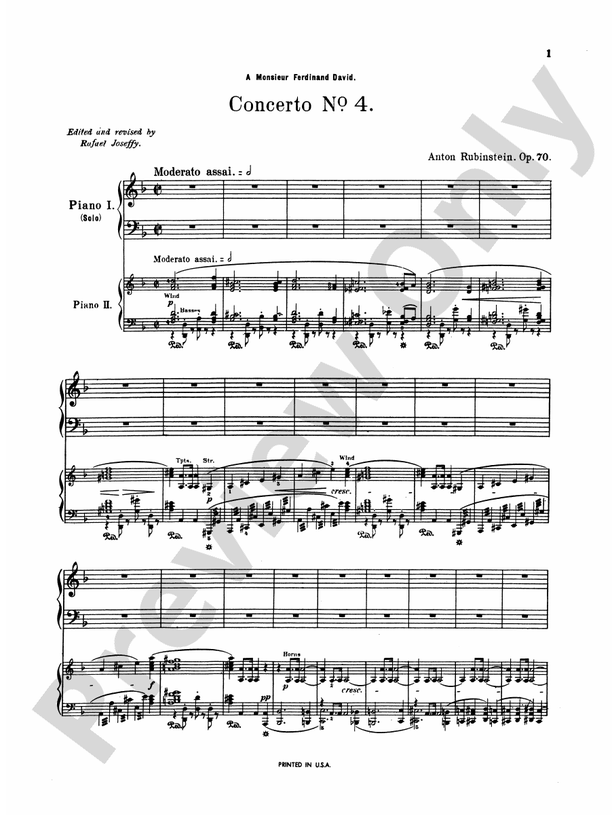 Rubinstein - Piano Concerto No. 4, Op. 70 - 2 Piano, 4 Hands - TWO Copies required - (Digital Download)