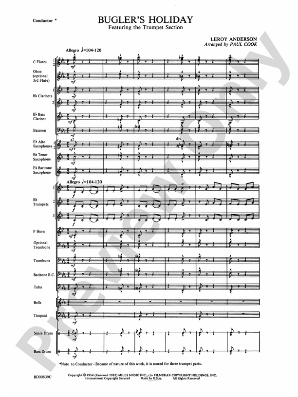 Bugler's Holiday (featuring the Trumpet Section) - Concert Band Conductor Score & Parts (Digital Download)