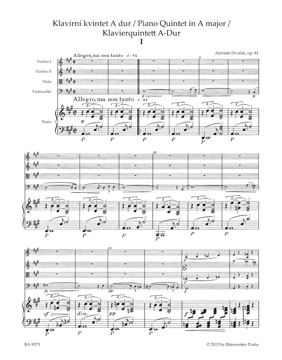 Dvorak - Piano Quintet in A Major Op. 81 Score & Parts - Barenreiter