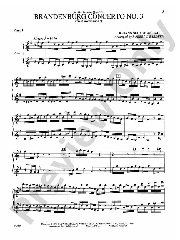 Brandenburg Concerto No. 3 (First Movement) - 2 Pianos, 8 Hands (Digital Download)
