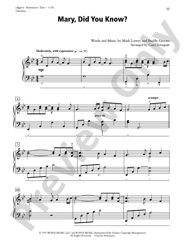 Mary, Did You Know? (Arr. Carol Tornquist) - Piano Solo (Digital Download)