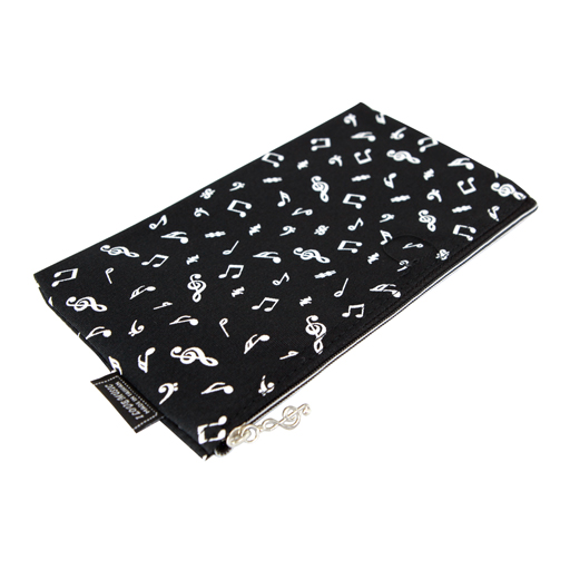 Pencil Case Black with white notes & symbols.
