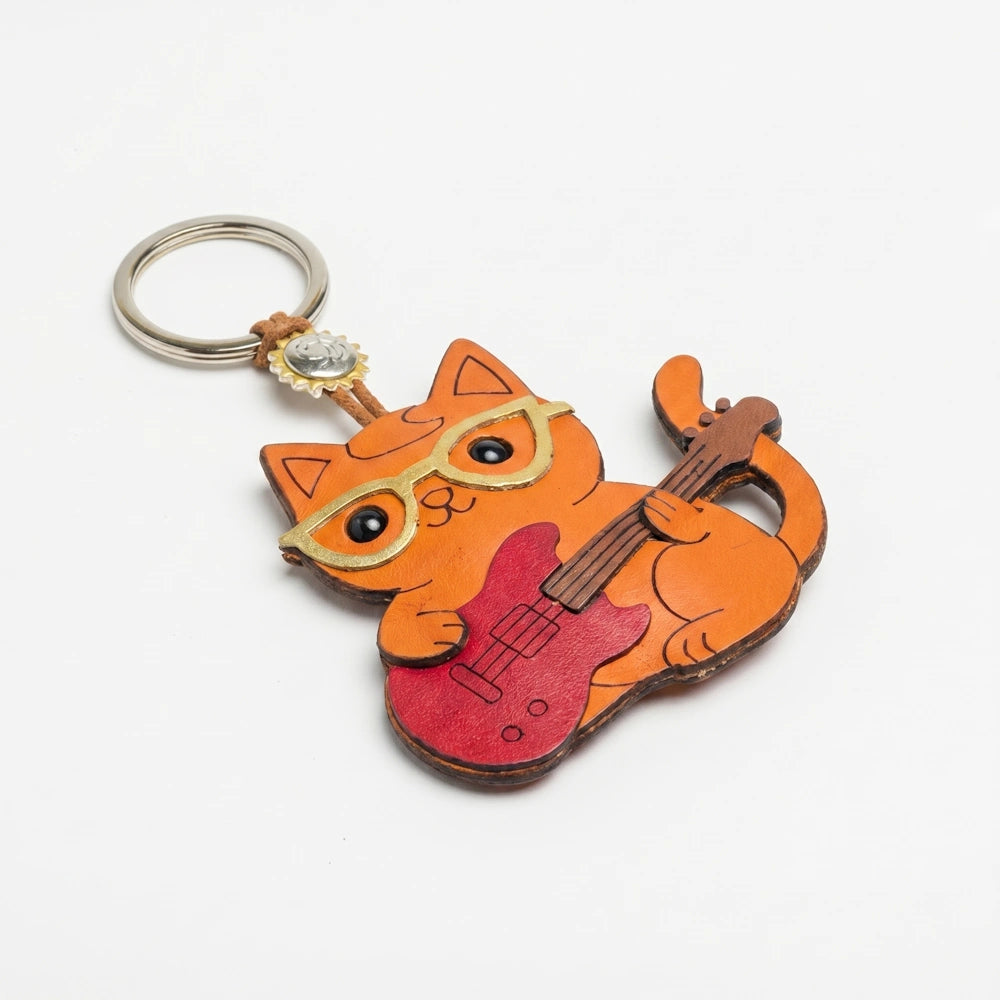 Cat Playing the Electric Guitar Keyring made from Appleskin
