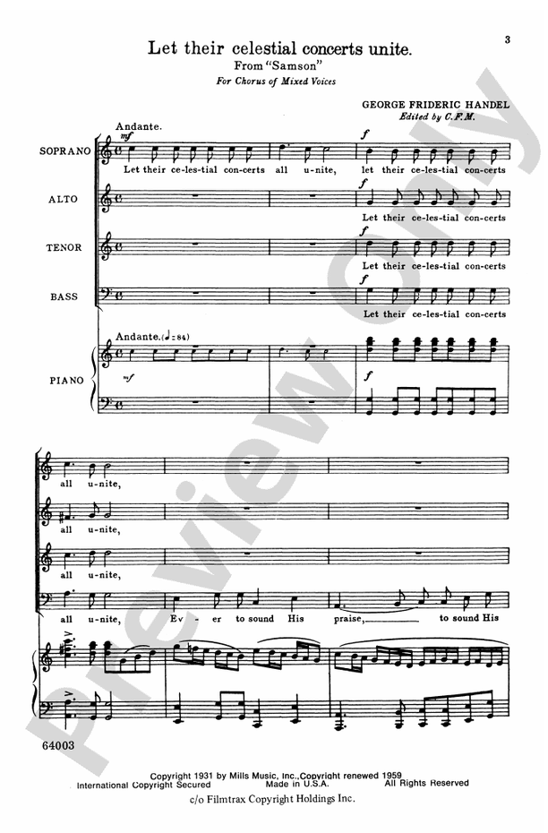Let Their Celestial Concerts Unite (from Samson) – SATB Choral Octavo (Digital Download)