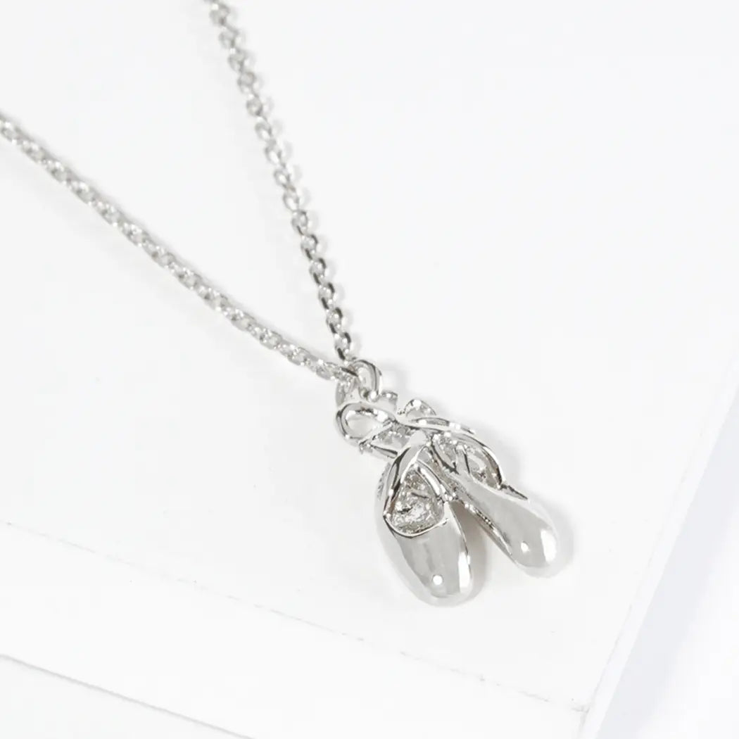 White Gold Plated Ballet Shoes Pendant and Necklace