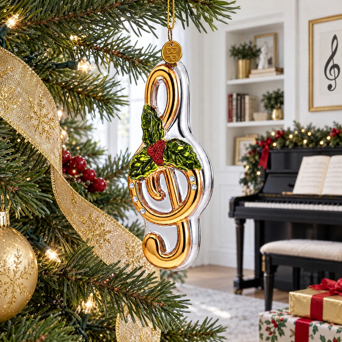 Glass Gold Treble Clef with Pointsettia Hanging Christmas Decoration