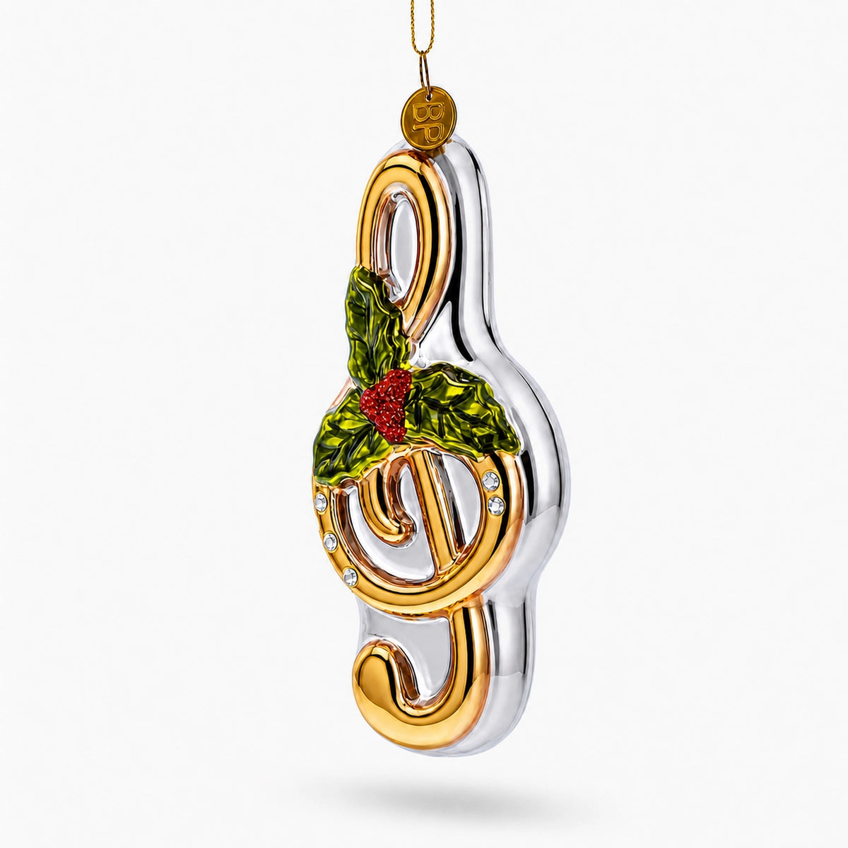 Glass Gold Treble Clef with Pointsettia Hanging Christmas Decoration