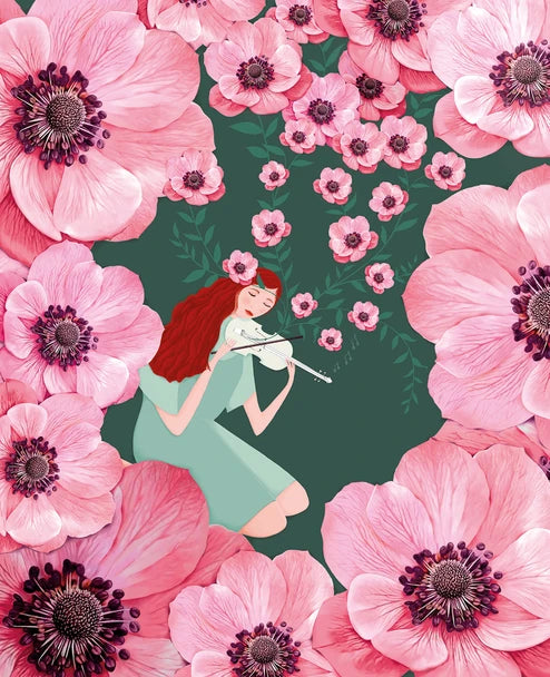 Greeting Card A Woman Playing the Violin Surrounded by Pink Flowers