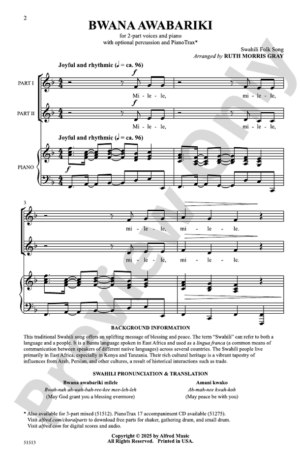 Bwana Awabariki - 2 Part Treble Choral Octavo (Digital Download)