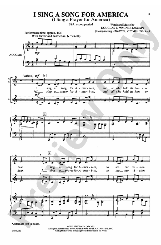 I Sing a Song for America (I Sing a Prayer for America) – SSA Choral Octavo (Digital Download)