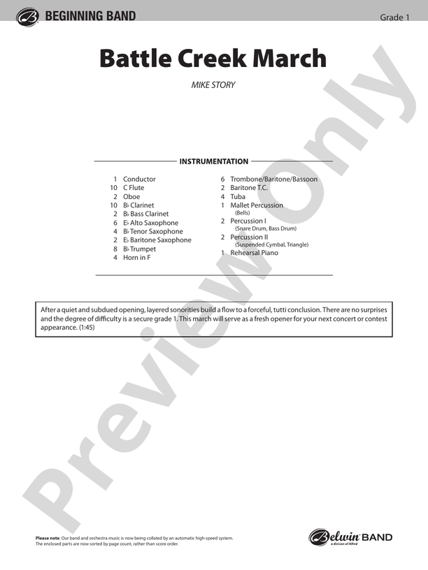 Battle Creek March (Michael Story) - Concert Band Conductor Score & Parts (Digital Download)