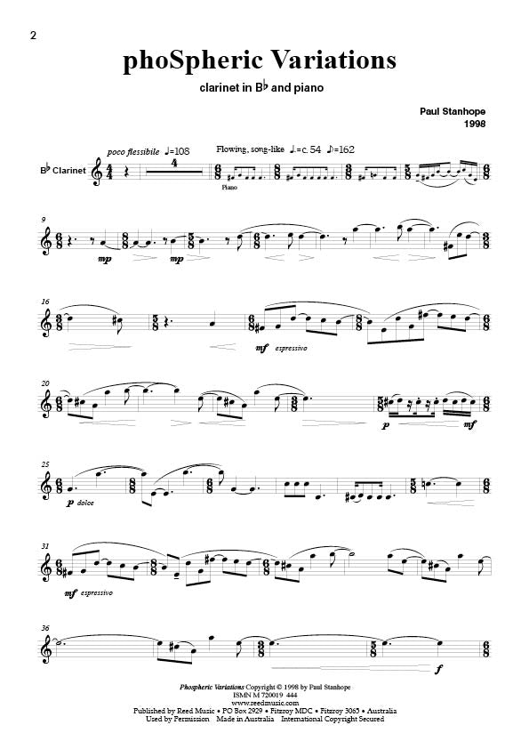 Stanhope - Phospheric Variations - Clarinet/Piano Accompaniment Reed Music RM045