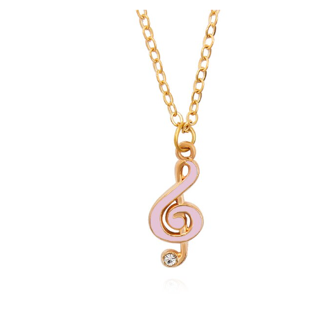 Pink Treble Clef Pendant with Diamonte and Gold Chain