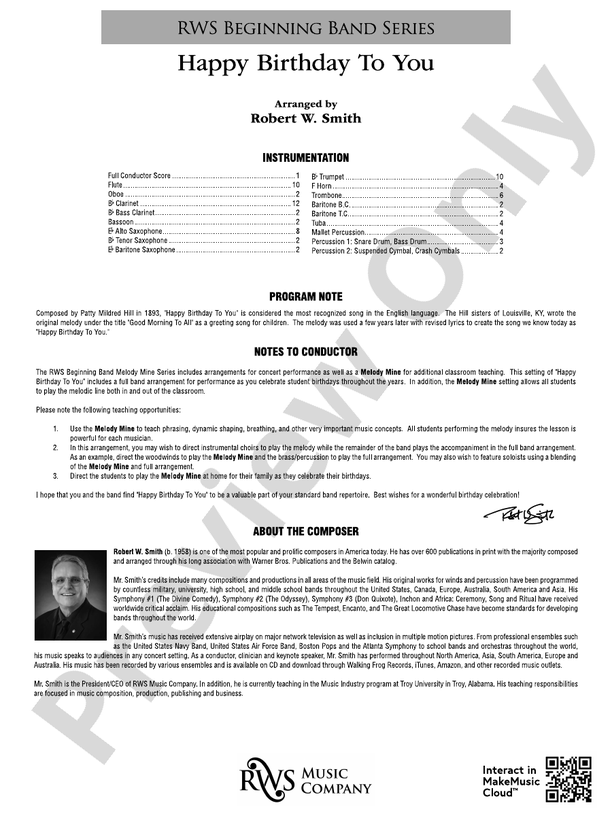 Happy Birthday to You - Concert Band Conductor Score & Parts (Digital Download)