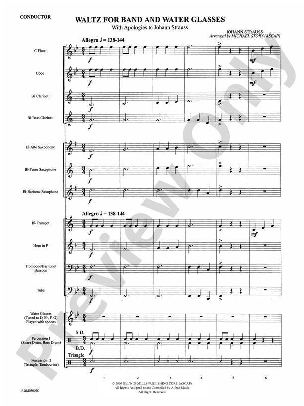Waltz for Band and Water Glasses (with Apologies to Johann Strauss) - Concert Band Conductor Score & Parts (Digital Download)