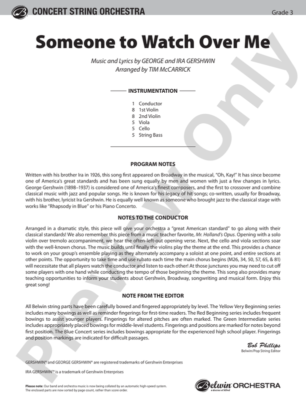 Someone to Watch Over Me – String Orchestra Conductor Score & Parts (Digital Download)