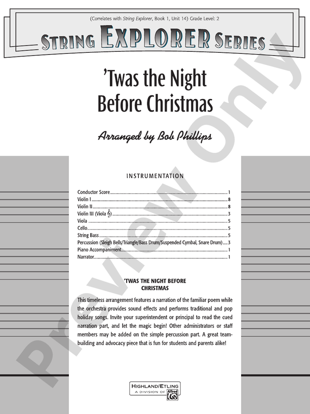 Twas the Night Before Christmas – String Orchestra Conductor Score & Parts (Digital Download)