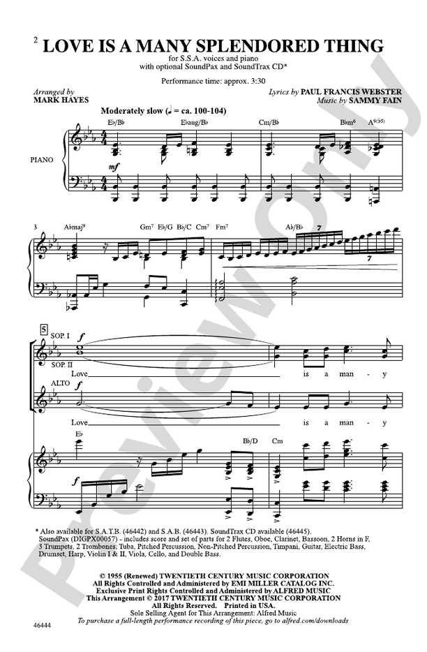 Love Is a Many Splendored Thing – SSA Choral Octavo (Digital Download)