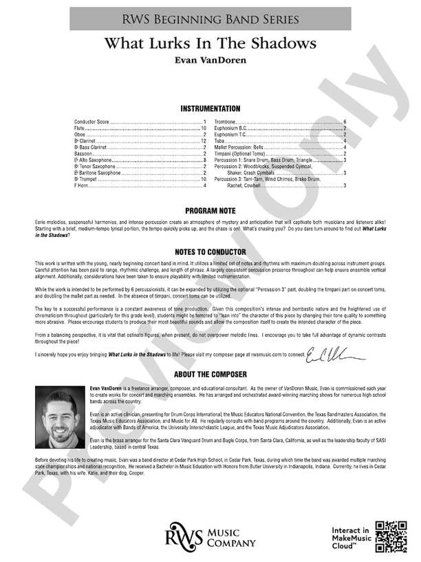 What Lurks in the Shadows - Concert Band Conductor Score & Parts(Digital Download)