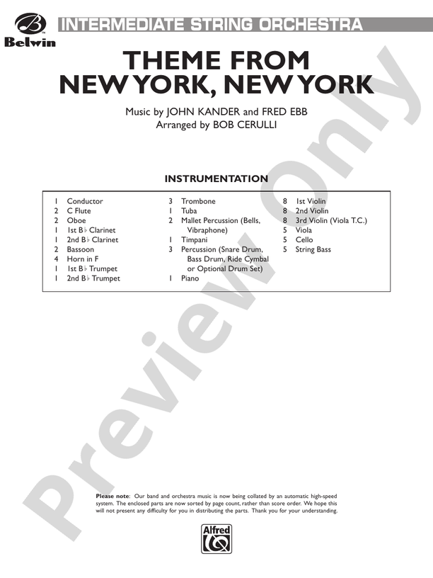 New York, New York, Theme from - Full Orchestra Conductor Score & Parts (Digital Download)