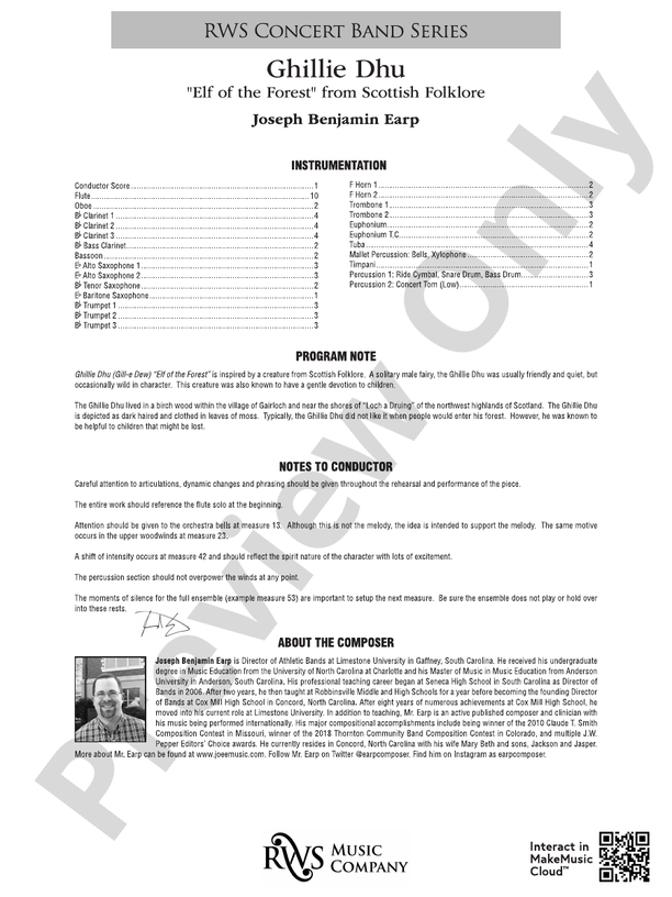 Ghillie Dhu - "Elf of the Forest" from Scottish Folklore (RWS Concert Band) - Concert Band Conductor Score & Parts (Digital Download)