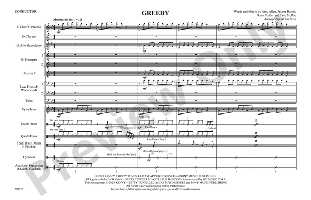 Greedy – Marching Band Conductor Score & Parts