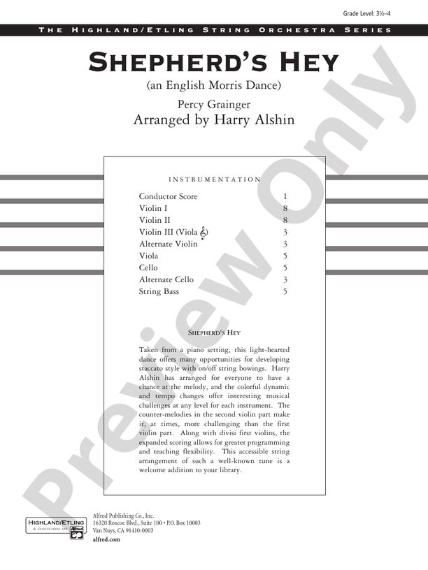 Shepherds Hey (an English Morris Dance) – String Orchestra Conductor Score & Parts (Digital Download)