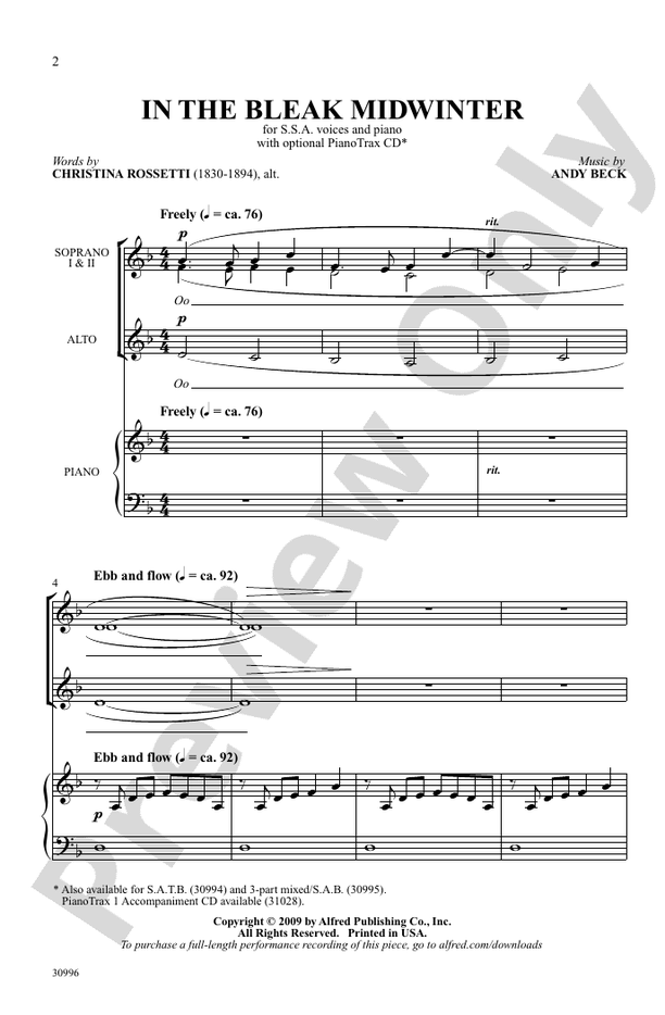 In the Bleak Midwinter - Arr. Andy Beck – SSA Choral Octavo (Digital Download)