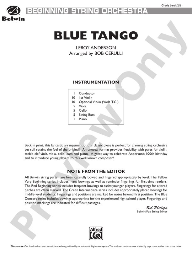 Blue Tango – String Orchestra Conductor Score & Parts (Digital Download)