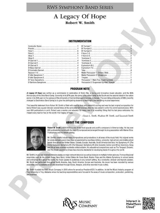 A Legacy of Hope - Concert Band Conductor Score & Parts(Digital Download)